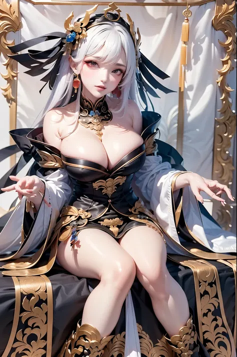 full body image:1.5, super high quality, masterpiece, Perfect illustration, Very detailed:1.6,　white barance, 1girl, 23 years old, cute girl, white hair, sharp and big beautiful eyes, medium breasts, bright skin. fantasy royalty, onmyoji, majesty, asian dr...