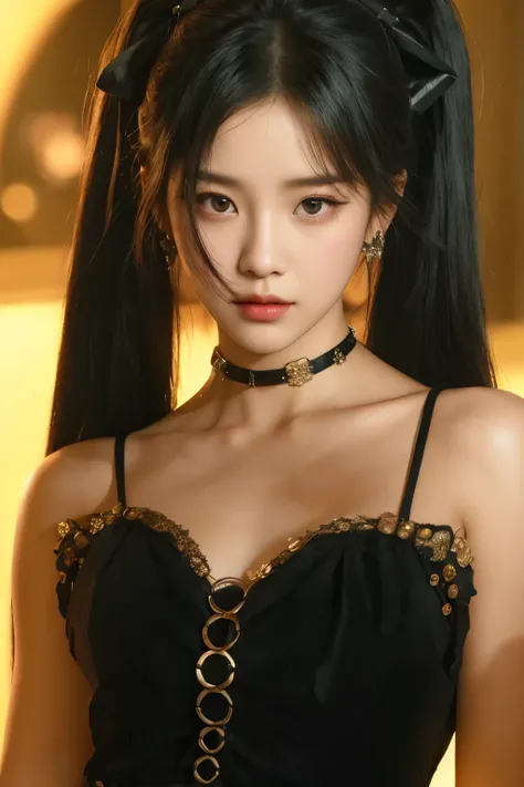 a close up of a woman with a black dress and a black hair, jisoo from blackpink, iu lee ji-eun as a super villain, cruel korean goth girl, jisoo of blackpink, portrait jisoo blackpink, portrait of jossi of blackpink, jinyoung shin, inspired by Yang J, by Y...