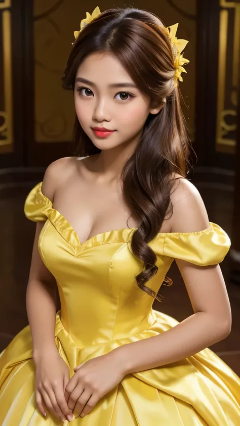 a disney princess Belle type Indonesian girl, as like baby face, with brown hair and light brown eyes and white skin, Red lips, wearing a yellow ball gown