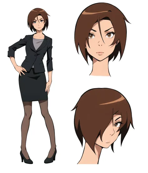 Slim office lady, Black short pencil skirt, Pantyhose, Black high heels, Blazer, Neck-length brown hair (Pixie cut), Light brown eyes, Fair skin, Realistic, 