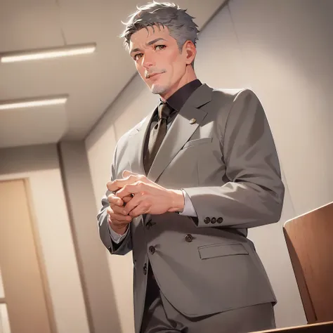 Raising hand, smile, open mouth, dutch angle, masterpiece, high quality, (50 year old man with short gray hair and brown eyes: 1.5), wearing a gray suit, background is a conference room, alone,  sitting