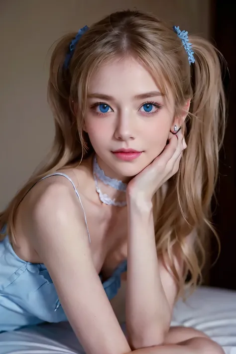 "(Best Quality,High resolution,Ultra-realistic:1.2),Detailed Focus,Realistic portraits,Beautiful blue eyes,Delicate art,Wavy blonde twin tails,piercings,Choker,subtle blue eyes,Female beauty,Charming smile,Small bust,exquisitedetails"modeled、sexypose、beaut...
