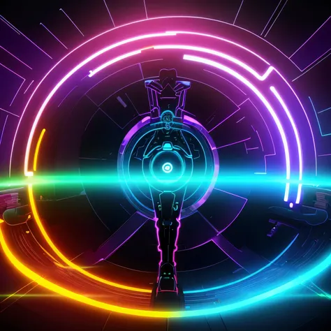 Create a futuristic illustration of a glowing, neon-lit circular portal, surrounded by holographic screens, cybernetic elements, and pulsating energy lines, against a dark gradient background.