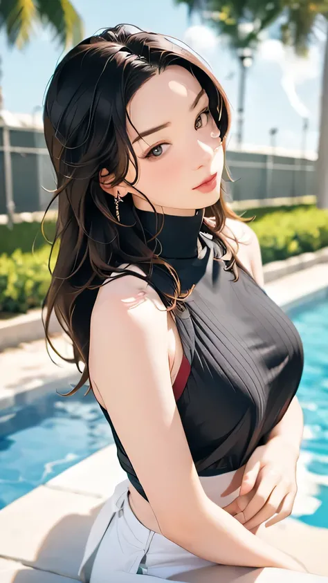 Sexy looking girl , (Woman in a sexy 黒のメッシュのビキニ ;1.5), ( firm and well-shaped C-cup breasts;1.5), very beautiful black hair,  semi-long hair;1.5, (Woman sitting by the pool;1.5),   upper body shot,  Shes so sexy  ,  Very Sexy Poses ;1.5, 