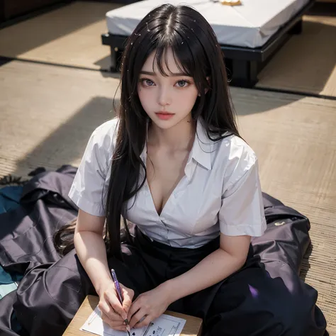 ((masterpiece)), ((best quality)), ((ultra-detailed)),((hyperrealistic)),shiny skin,1girl,,(((swept bangs))),hair intakes ,((black hair)),long hair,straight hair,((sidelocks)),((sideburns)),((dark purple eyes)),medium breasts,,white shirt,Im sitting on a k...