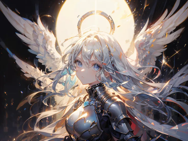 ((Best quality, 8k, Masterpiece: 1.3)), Sharp focus A beautiful woman with perfect body, Highly detailed face and skin texture, (Detailed eyes), Angel, winged angel, steel-armored angel, armed angel, light blue hair, messy long hair, hair over shoulder, ha...