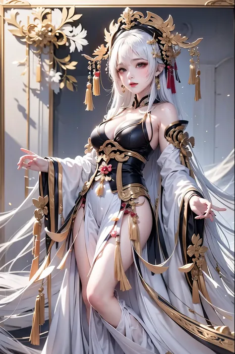 full body image:1.5, super high quality, masterpiece, Perfect illustration, Very detailed:1.6,　white barance, 1girl, 23 years old, cute girl, white hair, sharp and big beautiful eyes, medium breasts, bright skin. fantasy royalty, onmyoji, majesty, asian dr...