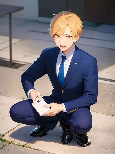 masterpiece, best quality, Japanese manga style,  up your face, (25 year old male: 1.5) and (short blonde hair) and ( orange eyes ), (suit:1.5) and (Blue tie), smile, open mouth, Inside Ryokann , alone,  crouching 、
