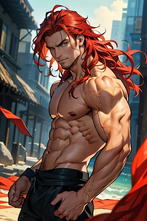 (masterpiece,  better quality), 1 man, body tilt, male hands ,fierce eyes, beautiful facial contours,Detailed face with flat details, muscular, long red hair,  LIVING COLOR, (depth of field:1.2),  looking at the viewer, half body, Sensual pose on the side ...