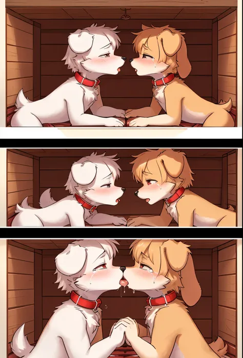  living in a doghouse , a couple of dog boys and girls,            4K resolution, high res,最 high res,  2 cute couples living in a dog kennel ,        Wear a red collar,2 crying dogs ,  deep kiss  