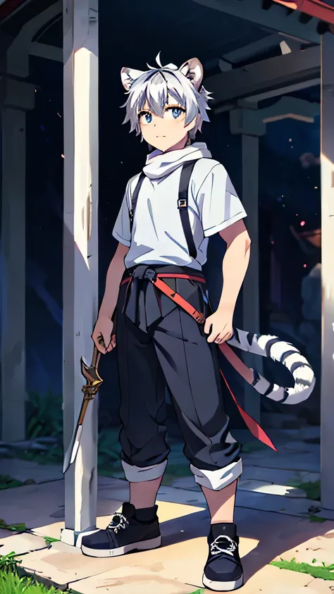 juvenile、Gray Hair、 white tiger、Tiger Ears、Animal ears、虎のtail、tail、 fantasy、front、 handsome、god、ax、Journey、Clothes、pants、shoes