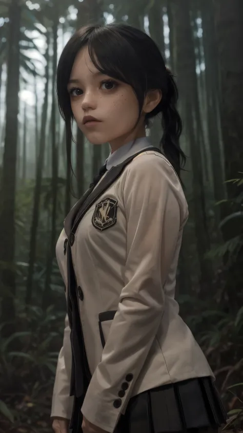 live-action、 real、front、 upper body、 one girl、前髪のある longhair 、 Wednesday 、 Wednesday のヘア、 Wednesday の制服、 longhair 、Ponytail Bangs、Freckles、 dark lights 、Deep in the forest