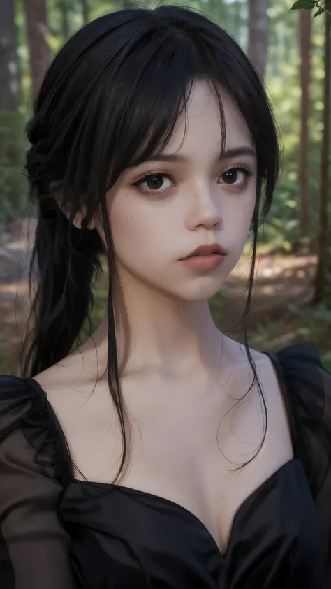 live-action、 real、front、Close-up of face、 one girl、Pale complexion、前髪のある longhair 、 Wednesday 、 Wednesday のヘア、 black dress、 longhair 、Ponytail Bangs、Freckles、 dark lights 、Deep in the forest