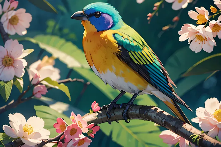 A colorful bird perched on a branch with leaves and flowers, colorful HD images , beautiful、 and colorful , Colorful Birds, Colorful 8k,  beautiful colorful, Colorful Birdsと長い, beautiful vivid colors, Colourful and Detailed, Colorful 4k, With beautiful col...