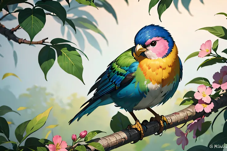 A colorful bird perched on a branch with leaves and flowers, colorful HD images , beautiful、 and colorful , Colorful Birds, Colorful 8k,  beautiful colorful, Colorful Birdsと長い, beautiful vivid colors, Colourful and Detailed, Colorful 4k, With beautiful col...