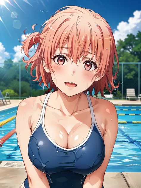 (( top quality ,  high res,   perfect pixel,  4K)),  (Beautiful anime),  depth of field 、
 viewers sweat a lot, 
 perfect body, 

 Yuigahama Yui, 　
short hair,
Big Breasts、
( wet body:1.5)、

one-piece swimsuit,　navy swimsuit, 
blush、smile、



 viewers, 

 ...