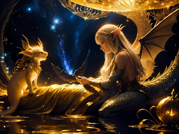 Super detailed 16K resolution depiction of a mystical, otherworldly scene featuring an ethereal elf with long, flowing silver hair. The elf is lying down, her gaze intensely focused on a small, golden dragon perched before her. Created by Sasan. The dragon...