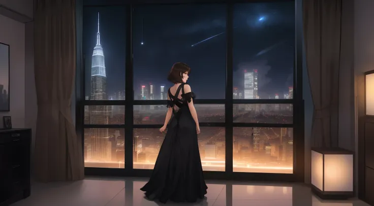 "A beautiful woman standing by a large window overlooking a futuristic city skyline during twilight. She is wearing a sleek, form-fitting light gray dress with thin straps, and her short, slightly messy brown hair complements her elegant yet casual style. ...