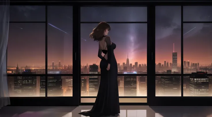 "A beautiful woman standing by a large window overlooking a futuristic city skyline during twilight. She is wearing a sleek, form-fitting light gray dress with thin straps, and her short, slightly messy brown hair complements her elegant yet casual style. ...