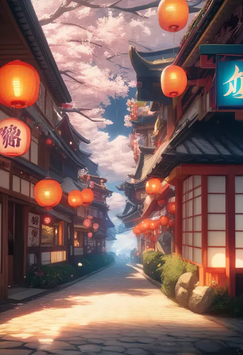 arafed view of a street with lanterns and tables in the rain, akihiko yoshida. unreal engine, japan. volumetric lighting, japanese street, japonisme 3 d 8 k ultra detailed, japanese town, unreal 6 breathtaking detailed, unreal engine 4k wallpaper, japanese...