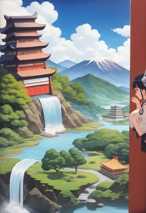   。 Jigsaw Puzzle inspired by a picture of a mountain with a pagoda and a waterfall ,  Japanese Scenery , Japanese art style, mount Fuji on the background, mount Fuji in the background, mount Fuji, Japanese art, Japanese art art, traditional Japanese art, ...