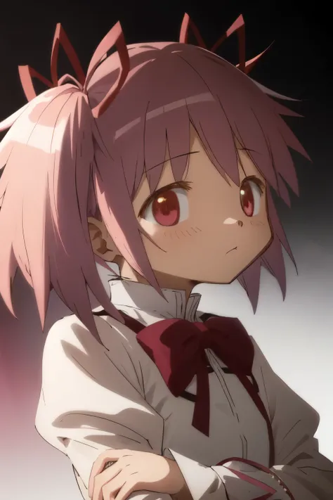 A boy with cute ahoge and and dark yellow cute short messy hair and have a dark orange eyes and wearing a black shirt and black short shorts and Madoka Kaname has pink hair tied in pigtails, and wide oval-shaped red eyes. When down, her hair is shoulder le...