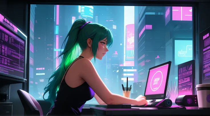 "A woman with green hair tied in a ponytail is sitting in front of a computer, her hands actively typing on the keyboard as she focuses intently on coding. She is wearing a pink tank top and black leggings, her posture relaxed yet engaged, reflecting her d...