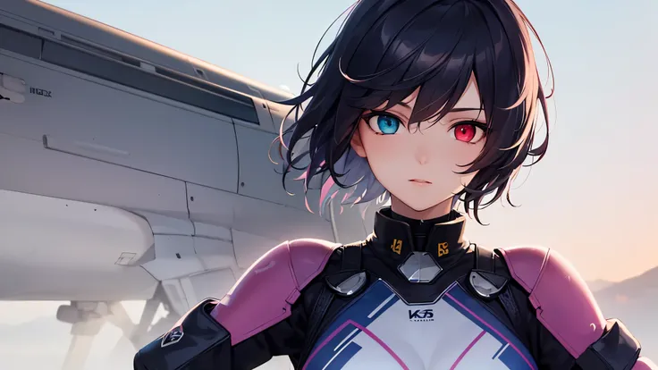  top quality , 8k, 4K,  high res,  High Contrast ,1girl,only, ２０generation, Dark purple short hair,  rainbow heterochromia( red eyes, blue eyes), Eyes with highlights,( Beautiful Detailed Face), Moderate bust, A pilot suit that fits your body perfectly,  P...