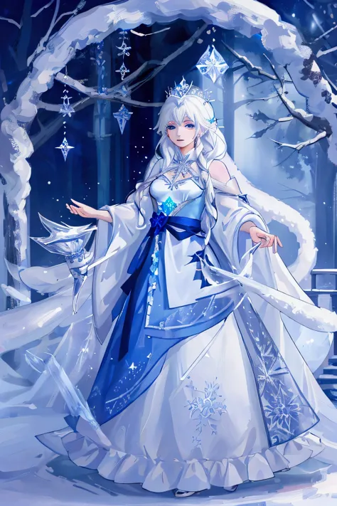 a woman in a blue dress is standing in the snow, winter princess, fantasy art style, queen of winter, queen of ice and storm, beautiful fantasy art, goddess of winter, beautiful character painting, ice queen, ice princess, beautiful elsa, beautiful digital...