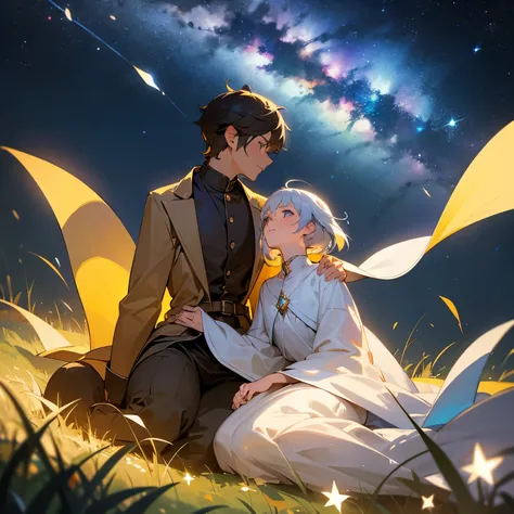 A man and a woman sit together on a grassy hill under a vast, moonless sky filled with countless stars. The night is quiet, save for the soft rustling of the wind and the occasional chirp of crickets. They are wrapped in a shared blanket, their faces illum...