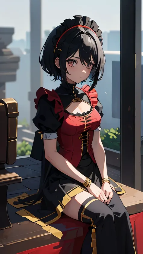 1girl, (2B), black hair, black with red tips hair, red eyes, blue sky, natural outdoors, black and gold and red boots, black and gold gloves, (((((earclip))))), using a earclip, (elegant earclip), black with gold and red details skirt, black with gold and ...