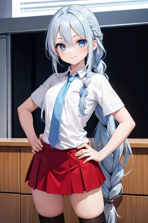 (light blue hair), ((long hair)),(braid), (silver hair), blue eyes, smile, small breasts, pilot goggles on the forehead, white t-shirt, (black necktie), (red skirt), kneehighs, Hands on hips, looking at viewer, office