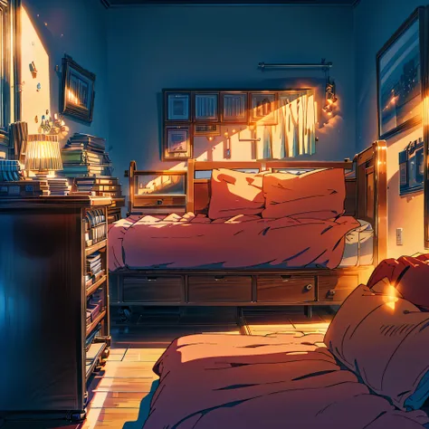 Aesthetic view of a room sunrise time warm and welcoming lights inside the room cozy bed desk computer, aesthetic room,4k, high quality, high saturation more details 