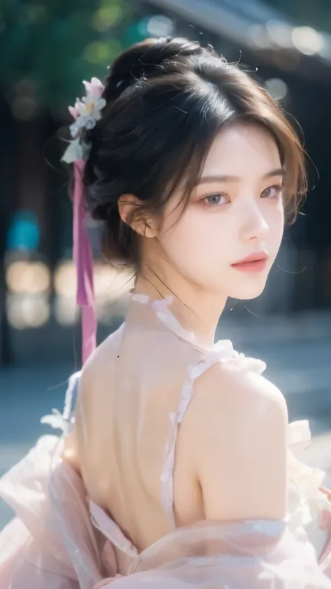 1 girl,Beautiful, Floral Pattern, Radiant Skin, Seductive gaze, Decorative clothing, Natural Lighting, Shallow to see deep, Romantic environment, Dreamy pastel tones, Peculiar details, Film shooting,(8K, original photo:1.2), best quality, Ultra-high resolu...