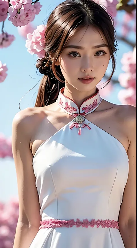 (masterpiece), best quality, high resolution, Super detailed, character close up, A beautiful white dress in Chinese style, Chinese elegant dress, Fine details, Cheongsam is beautiful and elegant, Colorful, Clothes floating, dramaticangle, Close to nature ...