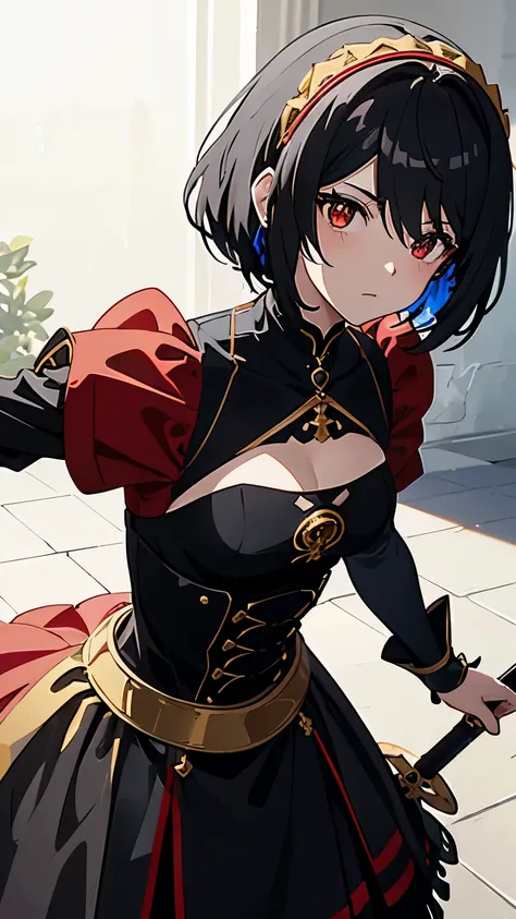 1girl, (2B), black hair, black with red tips hair, red eyes, blue sky, natural outdoors, black and gold and red boots, black and gold gloves, (((((earclip))))), using a earclip, (elegant earclip), black with gold and red details skirt, black with gold and ...