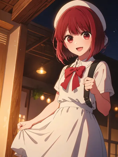 Kana Arima (Arima Kana) - Oshi no Ko (My Favorite )

 BREAK

short hair, bangs, ( red eyes:1.3), Red Hair,  bob cut, smile, open your mouth,closeup

BREAK

((( dress👗)))