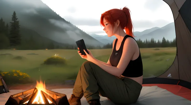 "A picturesque camping scene on a misty mountain during the rainy season, capturing a cozy and adventurous atmosphere. A young woman with blonde-red hair tied in a sleek ponytail is sitting near a modern campfire with a warm, glowing flame, surrounded by h...