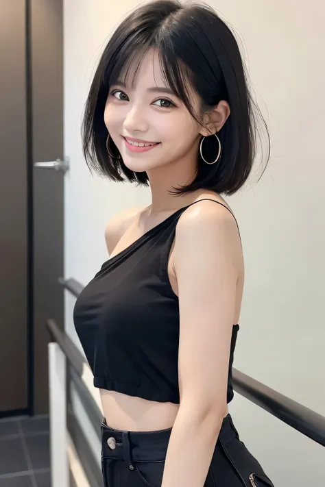  beautiful beautiful girl with colored one-shoulder tank top black hair　cute smile short bob 