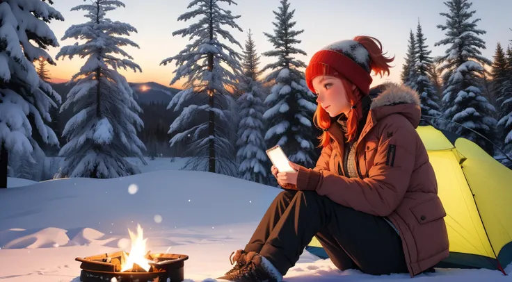 "A tranquil winter camping scene atop a snowy mountain, evoking a serene and adventurous mood. A young woman with blonde-red hair tied in a sleek ponytail is sitting near a modern campfire with a warm, flickering glow, surrounded by advanced yet nature-ins...