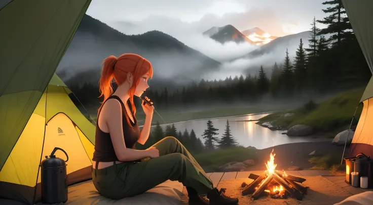 "A picturesque camping scene on a misty mountain during the rainy season, capturing a cozy and adventurous atmosphere. A young woman with blonde-red hair tied in a sleek ponytail is sitting near a modern campfire with a warm, glowing flame, surrounded by h...