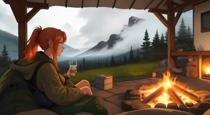 "A picturesque camping scene on a misty mountain during the rainy season, capturing a cozy and adventurous atmosphere. A woman with blonde-red hair tied in a sleek ponytail is sitting near a modern campfire with a warm, glowing flame, surrounded by high-te...