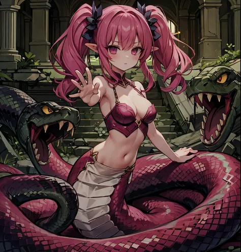 lamia,Ruins,darkness,snake, pink, extends hands