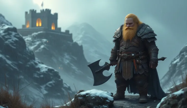 A weak recruit is a blond Dwarf with an axe in leather armor. The dwarf is short. It is located high in the mountains against the backdrop of a fortress. snowstorm. Dark fantasy. the atmosphere is gloomy.