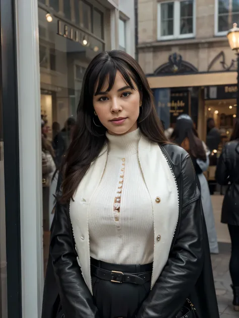 solo lovely smiling Bettie Page, strong daylight,wintertime, very cold, raining,in front of boutique, (highest quality texture), boutique store front, display windows full of interesting items, film quality, completly dressed in high style leather fashion,...