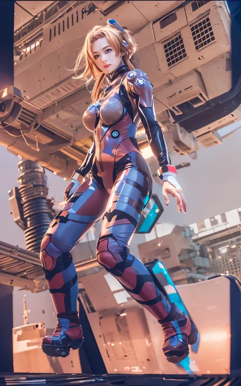 ((Best Quality)), ((masutepiece)), (Detailed: 1.4), (Absurd), Caucasian female fighter pilot ready for war, front walking, muscular sculptural body defined, Closed mouth, muscular body covered by technological clothing, Cyberpunk, ((perfect large breasts))...