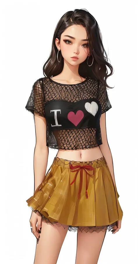 a drawing of a girl in a skirt and top with a heart on it, croptop, wearing crop top, wearing a crop top, crop top, wearing a cropped top, with ripped crop t - shirt, wearing a cropped tops, wearing a sexy cropped top, soda themed girl, outfit design, mesh...