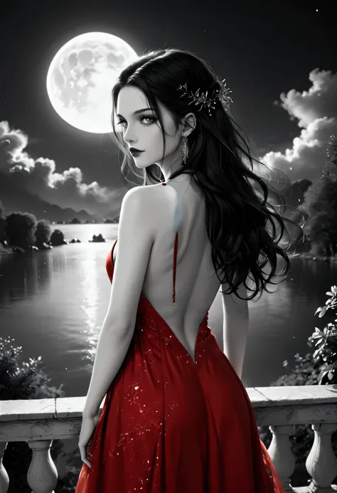 score_9, score_8_up, score_7_up, score_6_up, score_5_up, score_4_up, (black and white art: 1.5) mostly black and white, a picture of a beautiful vampire, long hair hair, blue eyes, wearing red dress, backless dress, small cleavage, it is night, the moon in...