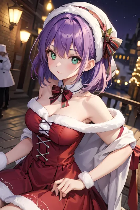 Fille, cheveux courts, purple colored hair, green eyes, grâce, Noël, habillée Noël, décolté mignon