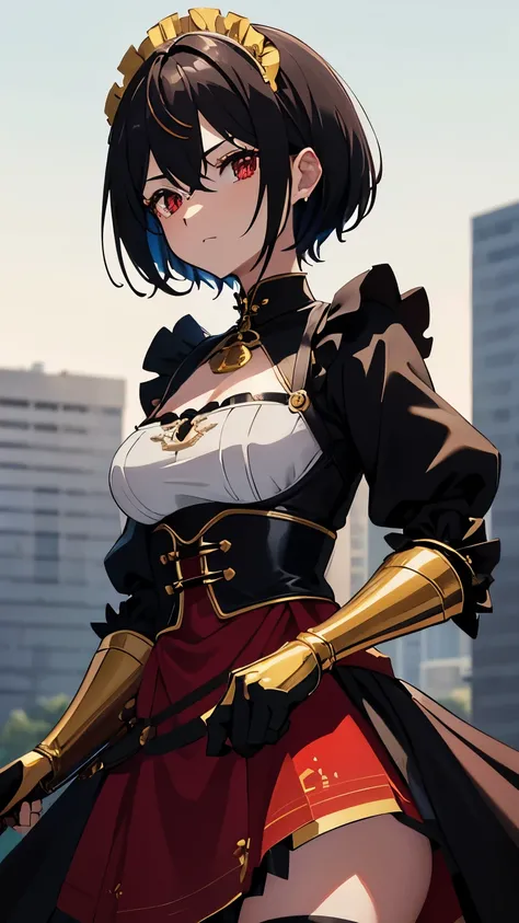 1girl, (2B), black hair, black with red tips hair, red eyes, blue sky, natural outdoors, black and gold and red boots, black and gold gloves, (((((earclip))))), using a earclip, (elegant earclip), black with gold and red details skirt, black with gold and ...